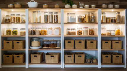 Organization of food storage. Cozy pantry with glass jars and wicker baskets. Light colour palette. Generative AI - obrazy, fototapety, plakaty