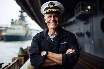 portrait of happy senior captain standing with arms crossed in shipyard - obrazy, fototapety, plakaty
