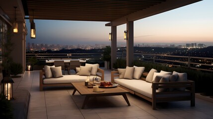 Elevated veranda with a stylish outdoor sectional, decorative lanterns, and a view of the city skyline at dusk