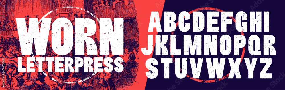 Fototapete textured font with a worn letterpress texture. bold condensed font. highly detailed individually tex