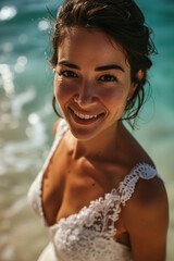 jeune femme heureuse en robe de mariée au bord de mer marchant sur le sable dans l'écume des vagues