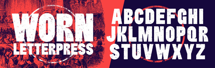 Textured Font with a Worn Letterpress texture. Bold condensed font. Highly detailed individually textured characters