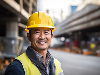 工事現場で働く作業着とヘルメットの作業員・建築・建設・土木・道路工事・男性