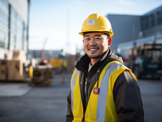 工事現場で働く作業着とヘルメットの作業員・建築・建設・土木・道路工事・男性