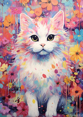 kunst, gemälde, zeichnung, katze, kätzchen, tier, hübsch, abbildung, portrait, bunt, blumen, schön, blau, rot, gelb, art, painting, drawing, cat, kitten, animal, pretty, illustration, portrait, 