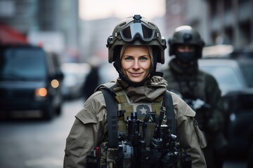 Portrait of female soldier with binoculars on the city street