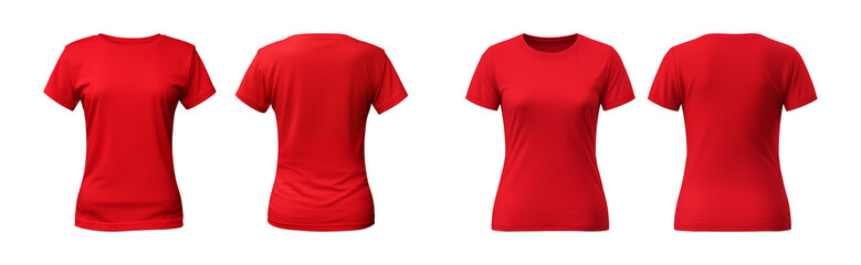 realistic set of female red t-shirts mockup front and back view isolated on a transparent background, cut out - obrazy, fototapety, plakaty