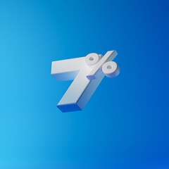 White seven percent or 7 % isolated over blue background. 3D rendering.