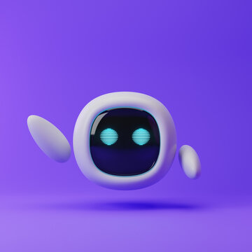 Cute robot with hand up or hello gesture isolated over purple background. Technology concept. 3d rendering.