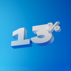 White thirteen percent or 13 % isolated over blue background. 3D rendering.