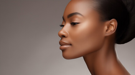 Close-Up Profile of a Beautiful Black Woman Showcasing Flawless Beauty and Elegant Natural Make Up.