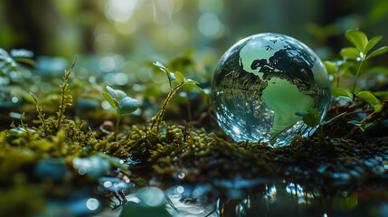 Concept of Environmental Awareness: Symbolic Earth Globe in a Transparent Drop of Water on a Green Forest Floor. Global Eco-Awareness, Climate Impact, Eco-Background.