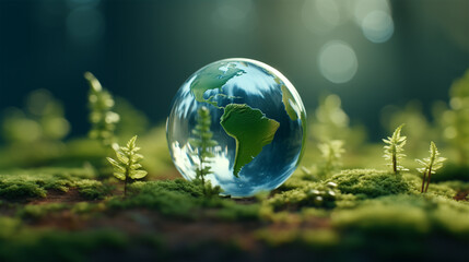 Obraz na płótnie Canvas Concept of Environmental Eco Awareness. Symbolic Transparent Earth Globe on a Green Forest Floor. Green Eco-Background. Mother Earth.