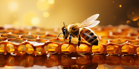 close-up of an appetizing honeycomb filled with honey lies on the surface, a hard worker bee makes honey, presentation of a honey product, healthy organic food - obrazy, fototapety, plakaty