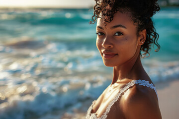 jeune femme métis heureuse en robe de mariée au bord de mer marchant sur le sable dans l'écume des vagues