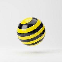 Yellow ball or geometric sphere with black stripes isolated over white background. Minimalistic concept. 3D rendering.