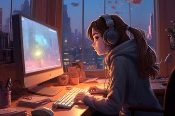 A woman sitting in front of her laptop in a huge room with a window in the day time and listen to the music in the winter - obrazy, fototapety, plakaty