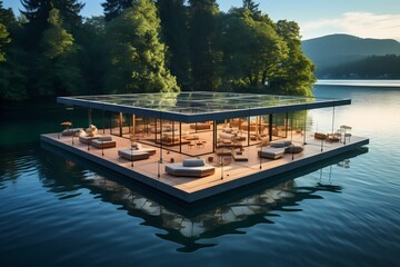Floating yoga studio on a tranquil lake with a glass floor, creating a unique and immersive yoga experience