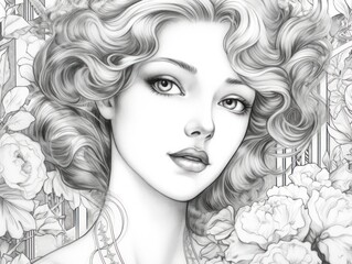 Fototapeta premium A coloring book page of a beautiful young woman from the 1920s