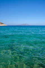 Panoramic view of the amazing sandy and turquoise dream beach of Agia Theodoti in Ios Cyclades...