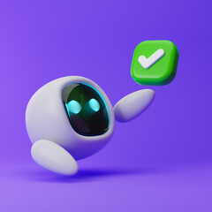 Cute robot with check mark icon isolated over purple background. Technology concept. 3d rendering.