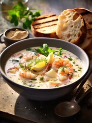 a bowl of creamy seafood soup