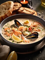 a bowl of creamy seafood soup