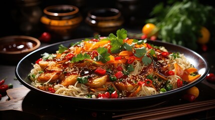 A bowl of Asian noodles with vegetables drizzled with peanut sauce