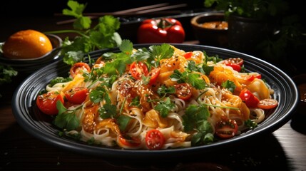 A bowl of Asian noodles with vegetables drizzled with peanut sauce