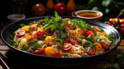 A bowl of Asian noodles with vegetables drizzled with peanut sauce