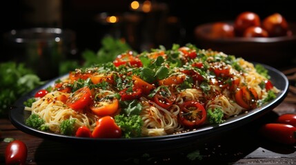 A bowl of Asian noodles with vegetables drizzled with peanut sauce