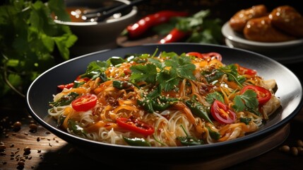 A bowl of Asian noodles with vegetables drizzled with peanut sauce