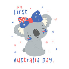 First Australia day baby koala with flag in adorable pose animal celebrate Australian Nation day cartoon hand drawing.