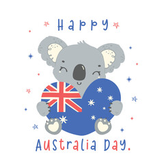 Happy Australia day koala hug flag heart in adorable pose. animal celebrate Australian Nation day cartoon hand drawing.