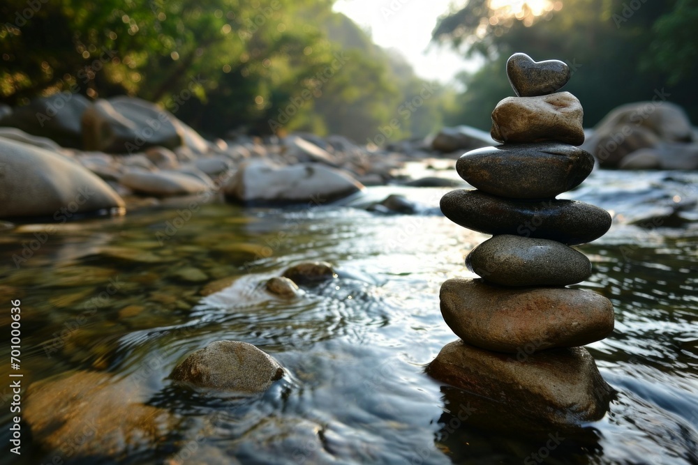 Poster a cairn with a heart-shaped stone on top. background with selective focus and copy space