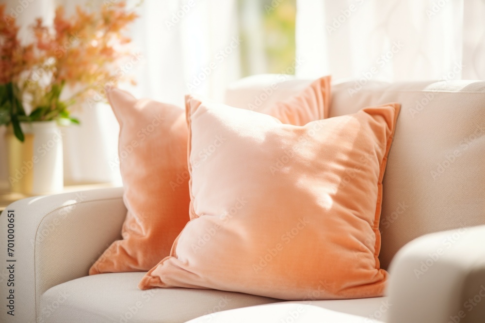 Poster pillow in trendy color peach fuzz. background with selective focus and copy space