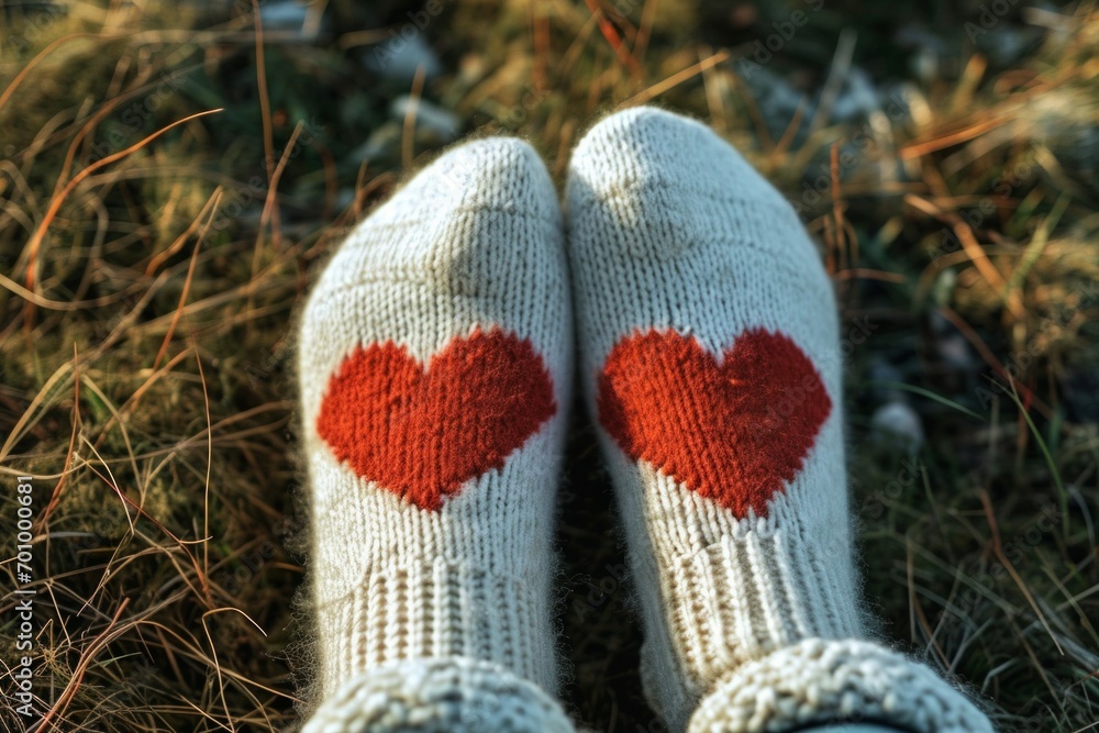 Poster socks with a heart. background with selective focus and copy space