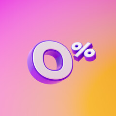 White zero percent or 0 % with purple outline isolated over pink and yellow background. 3D rendering.