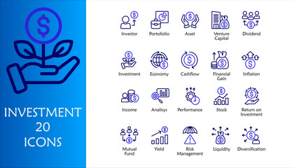 Investment icon set. Containing investor, mutual fund, asset, risk management, economy, financial gain, interest and stock icons. Outline Color icon collection - obrazy, fototapety, plakaty