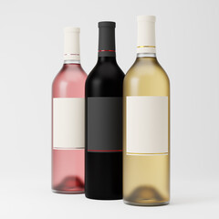 Frosted glass bottles of rose, red and white wine with blank label isolated over white background. Mockup template. 3d rendering.