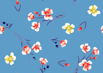 Fototapeta na wymiar Flowers Patterns with branches on blue background
