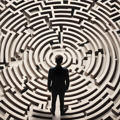 States of mind and psychology concept. Man silhouette in maze or labyrinth. Finding solution and self concept.