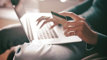 Hands, laptop or person with credit card in home for ecommerce sale on digital fintech website. Finance, business payment closeup or woman online shopping or banking on internet typing financial info - Powered by Adobe