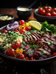 Carne asada bowls, the beef is the main prominent point of focus