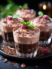 Creamy chocolate mousse in glass cups