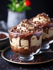 Creamy chocolate mousse in glass cups