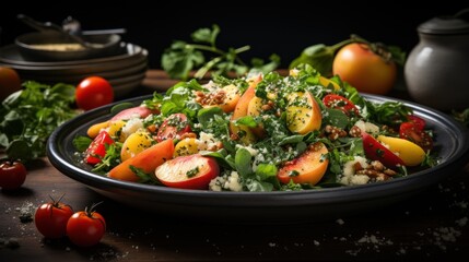 Couscous salad with dried apricots and pine nuts with fresh chopped herbs on a white table