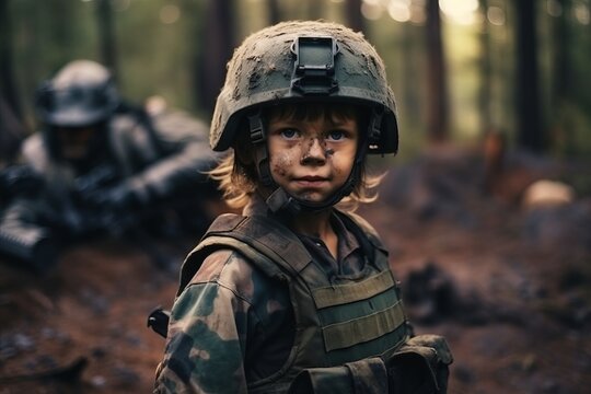 Portrait of a child soldier in the forest. Selective focus.