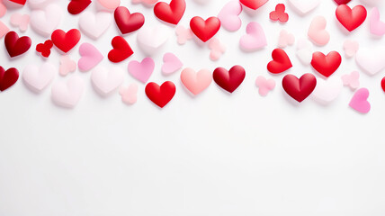 Valentine's day background with red and pink hearts on white background, flat lay. Romantic background for Valentine's Day.