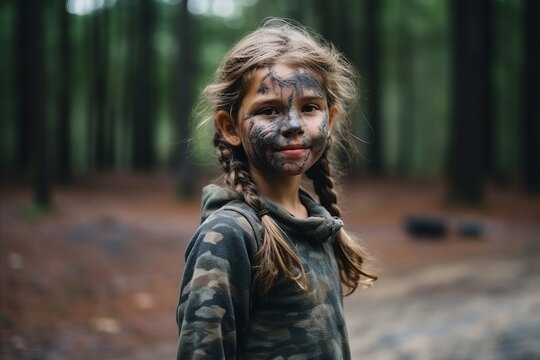 Portrait of a cute little girl with face painting in the forest
